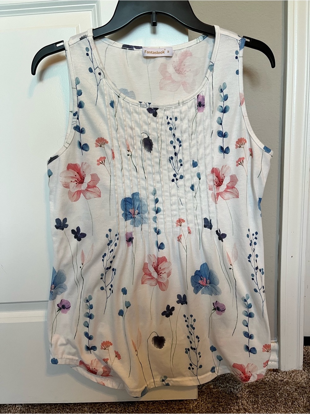 Fantaslook Floral Pintuck Tank Top - White with Pink & Blue Flowers.  Medium.